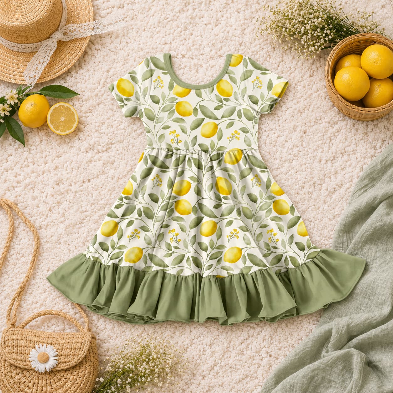 A short-sleeve bamboo twirl dress with a yellow lemon and green leaf pattern. Featuring a solid sage green ruffled hem, the bamboo twirl dress is styled in a flat-lay arrangement with a straw hat, woven bag, lemons, and a green blanket on a textured cream rug.